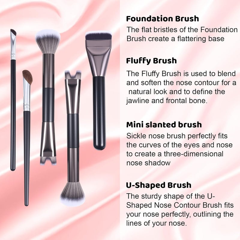 Jeffdad 5Pcs Nose Contour Brushes, 2-In-1 U-Shaped Brush and Fluffy Brush, Nose Brushes Set for Nose Sculpting and Defining,Highlight Blush Contouring - Image 4